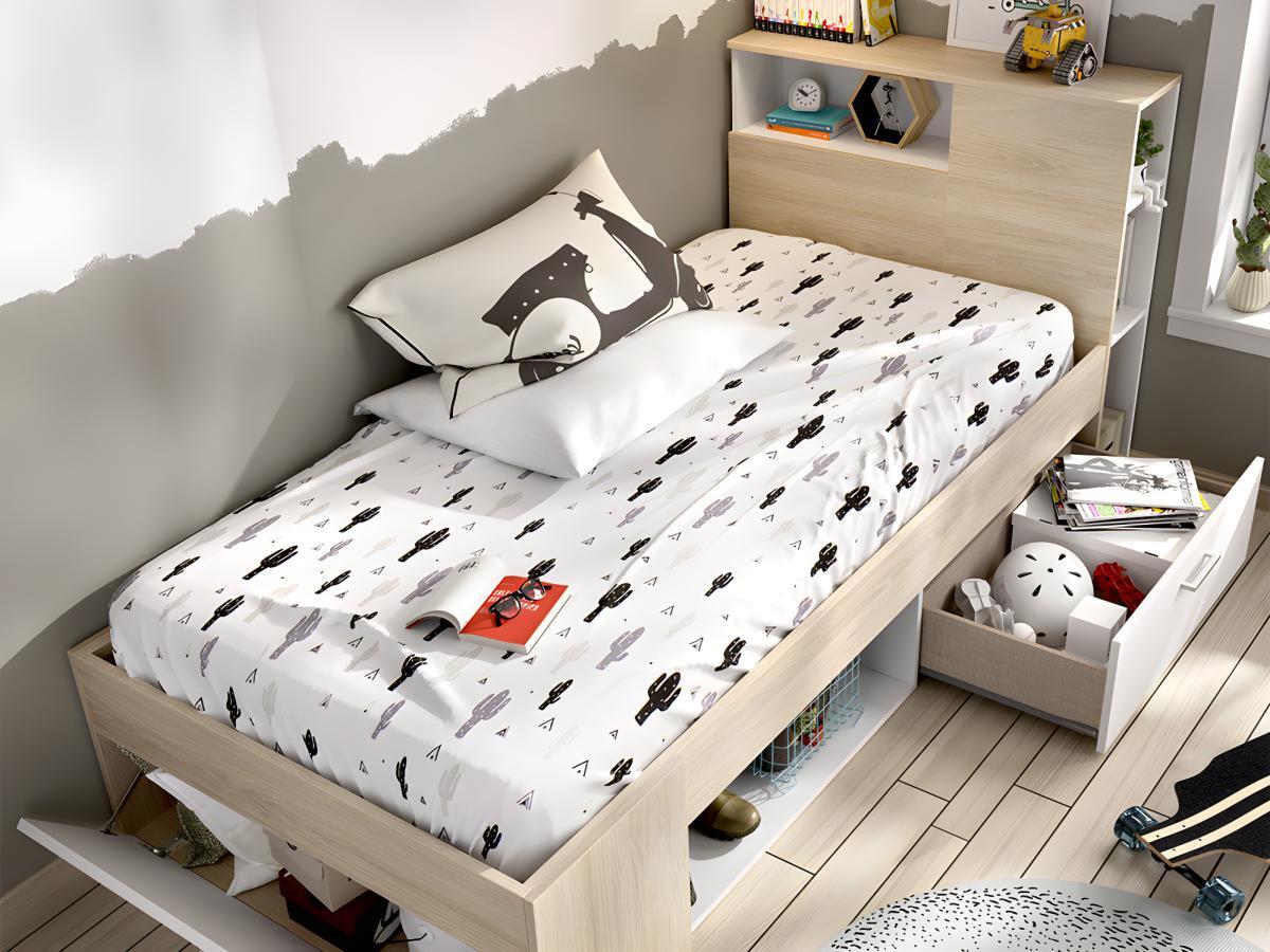 Vente-unique Letto con testata vani portaoggetti e cassetto  Bianco e Naturale LEANDRE  