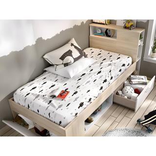 Vente-unique Letto con testata vani portaoggetti e cassetto  Bianco e Naturale LEANDRE  