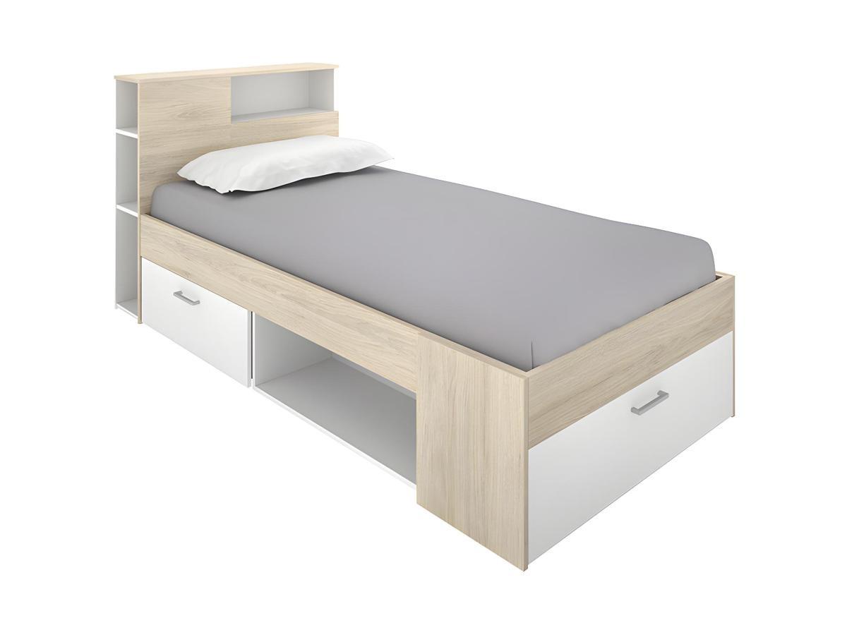 Vente-unique Letto con testata vani portaoggetti e cassetto  Bianco e Naturale LEANDRE  