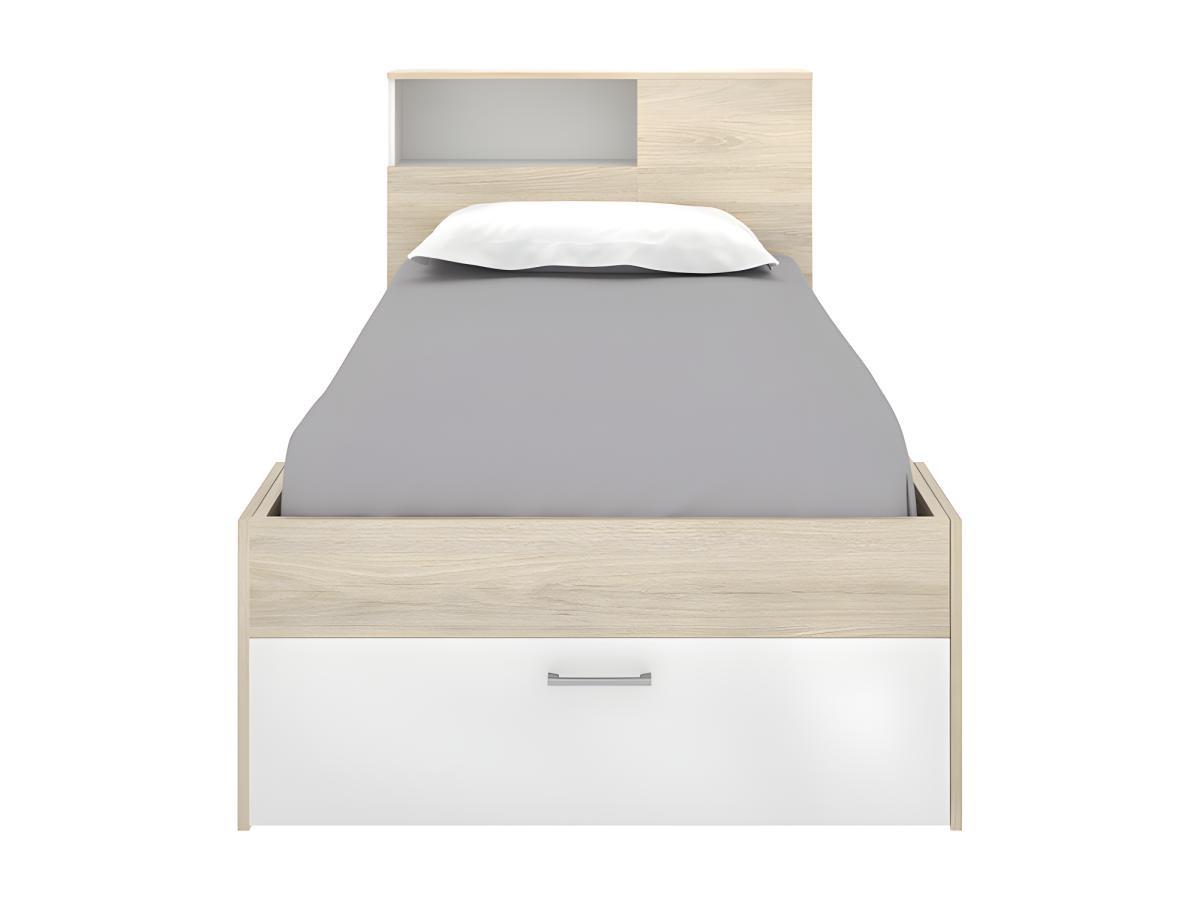 Vente-unique Letto con testata vani portaoggetti e cassetto  Bianco e Naturale LEANDRE  