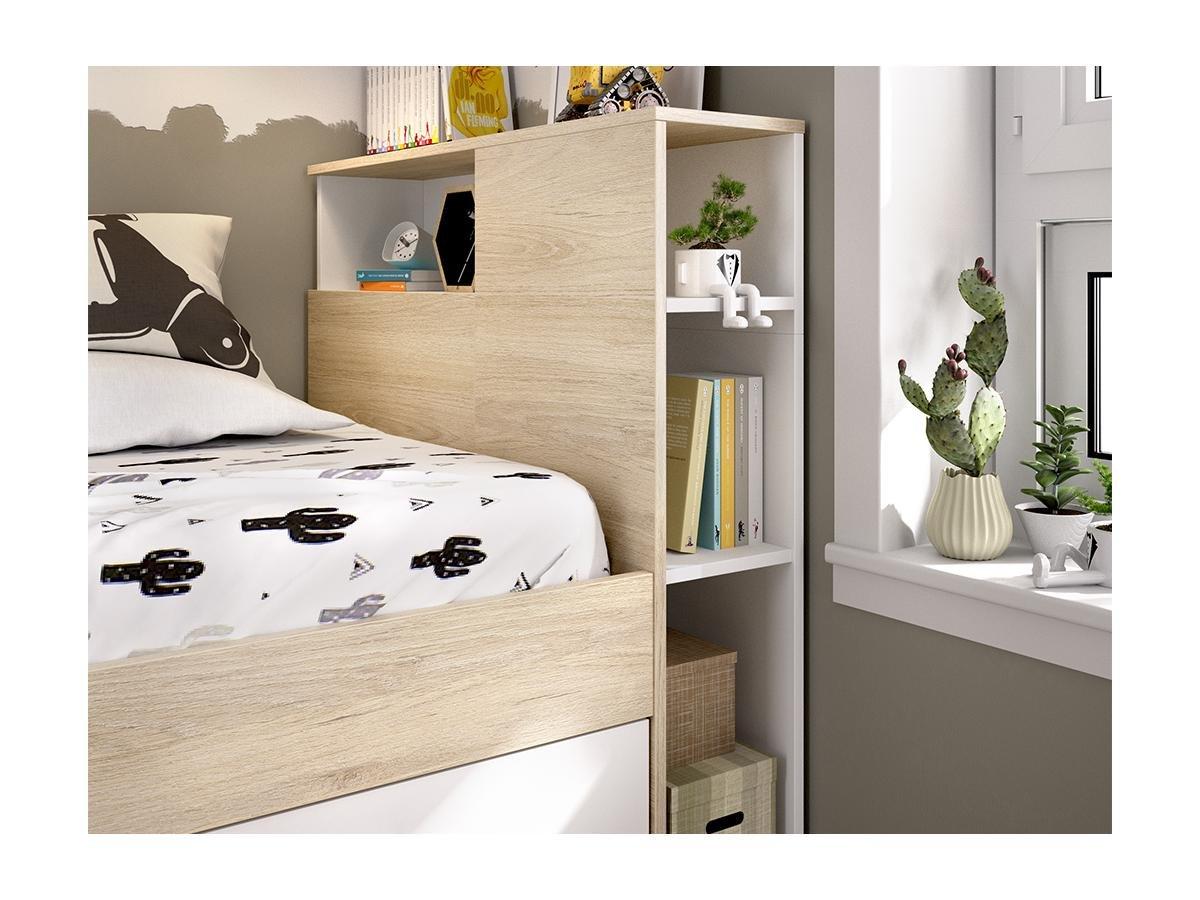 Vente-unique Letto con testata vani portaoggetti e cassetto  Bianco e Naturale LEANDRE  