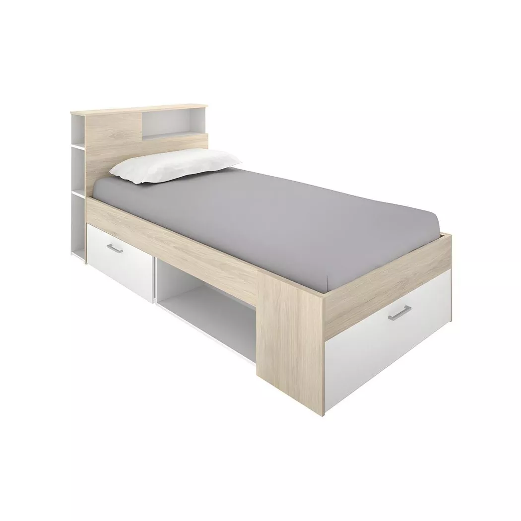 Vente-unique - Lit avec tête de lit rangements tiroir Naturel LEANDRE, 90X190CM, Beige