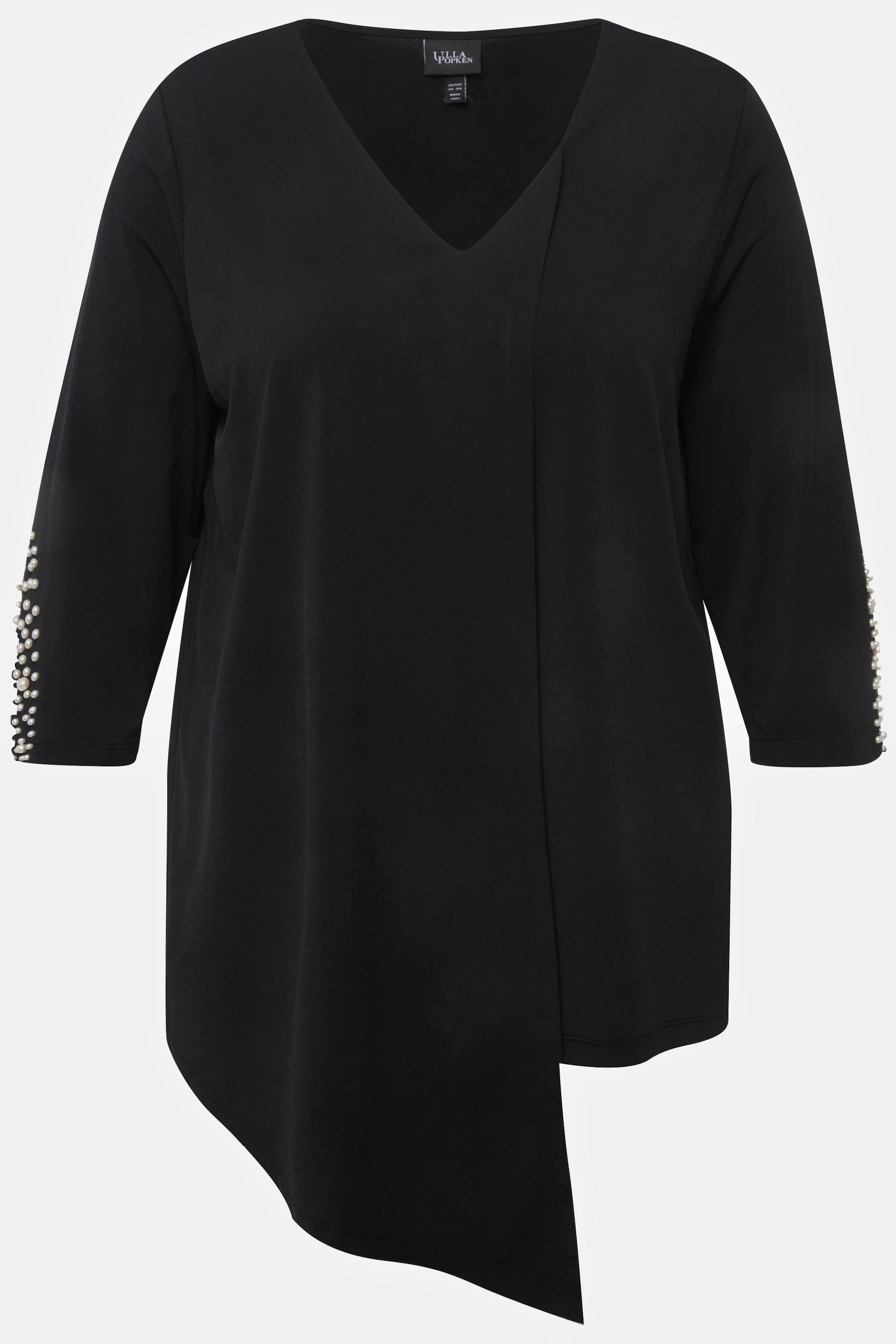 Ulla Popken  Blusa dal taglio svasato con pieghe, perline, scollo a V e maniche a 3/4 