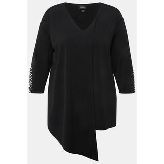 Ulla Popken  Blusa dal taglio svasato con pieghe, perline, scollo a V e maniche a 3/4 