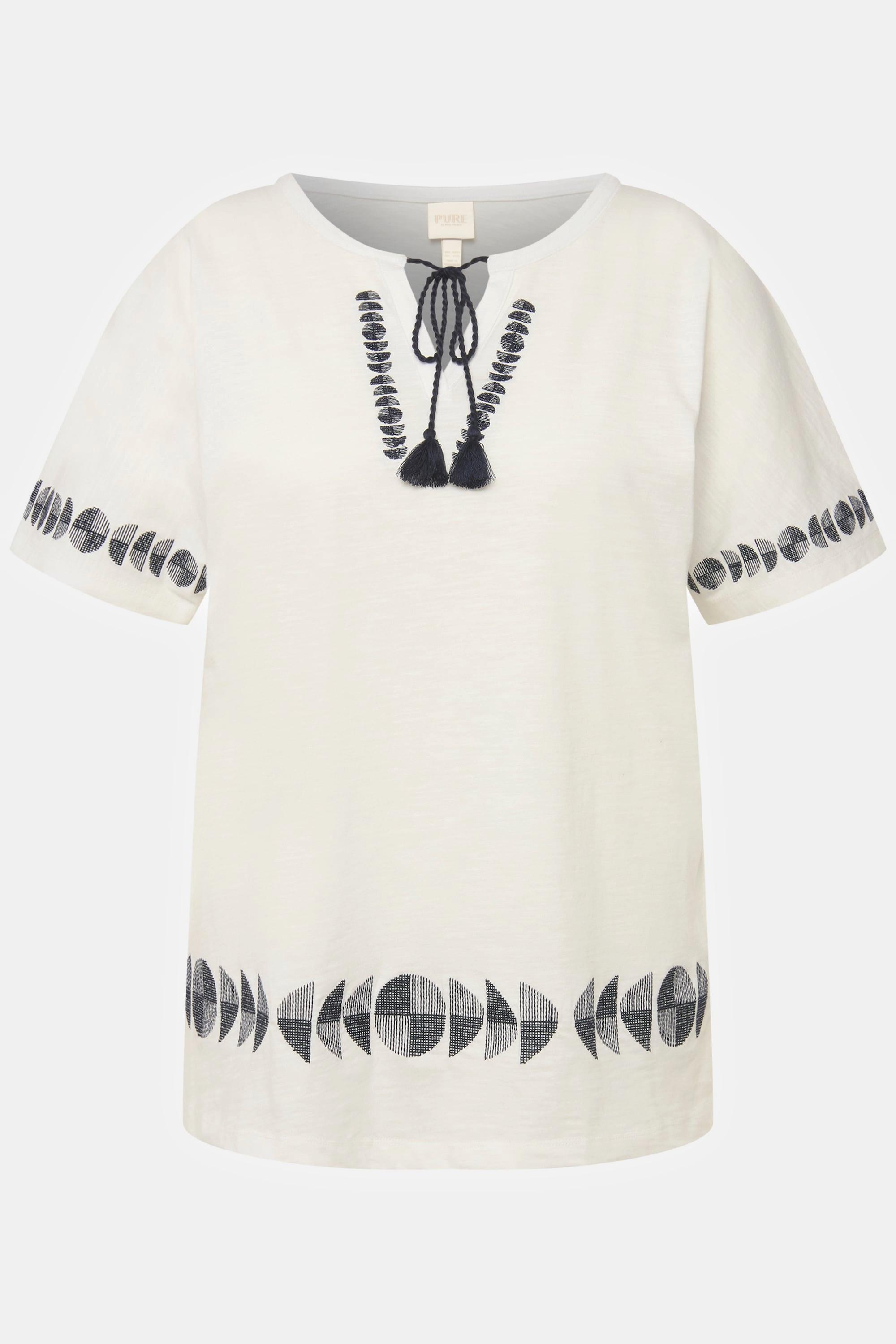 Ulla Popken  T-shirt dal taglio oversize con ricami, scollo a tunica e mezze maniche 