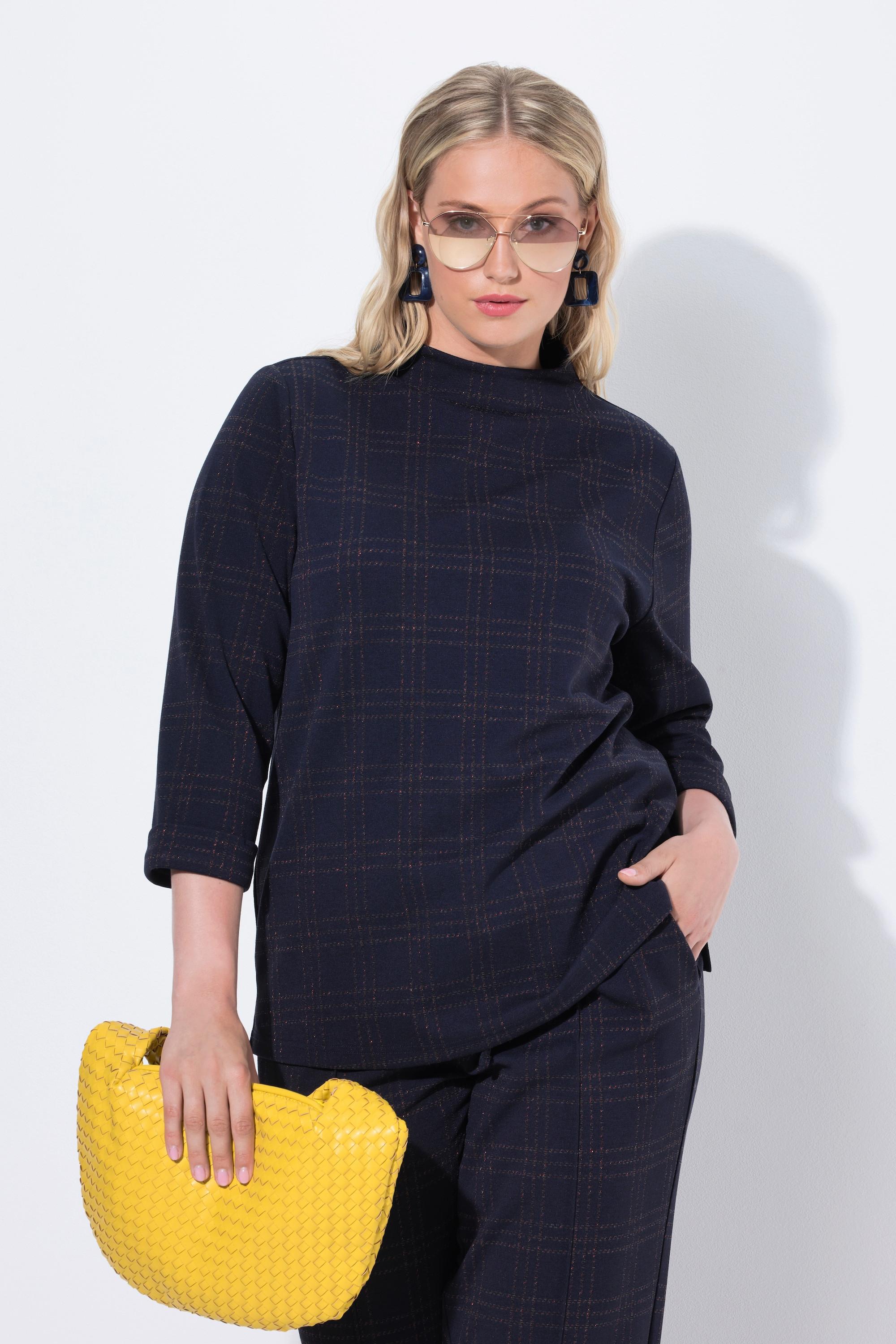 Ulla Popken Punto Quadri Glitter Collo Alto Maniche 3/4 Felpa  