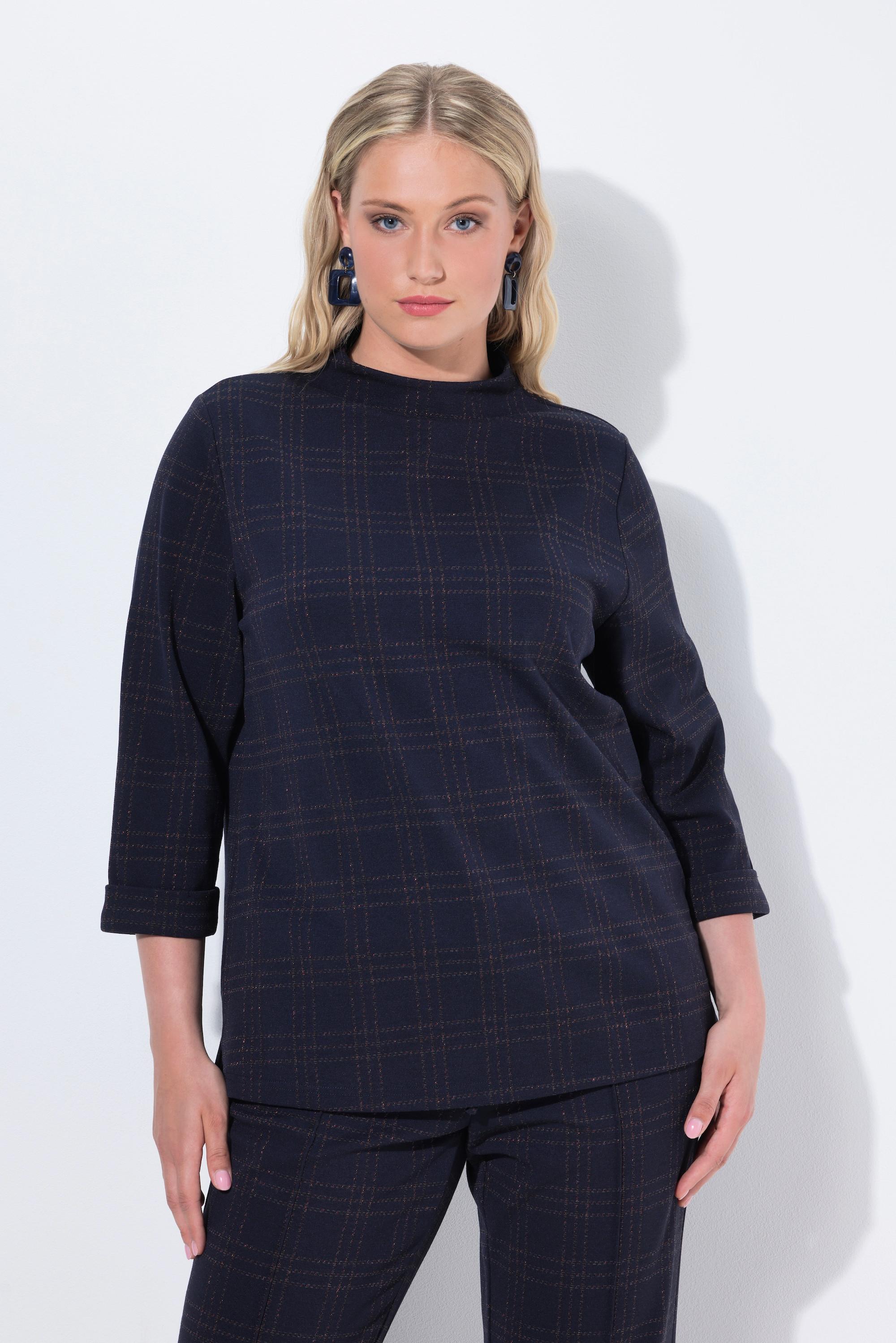 Ulla Popken Punto Quadri Glitter Collo Alto Maniche 3/4 Felpa  