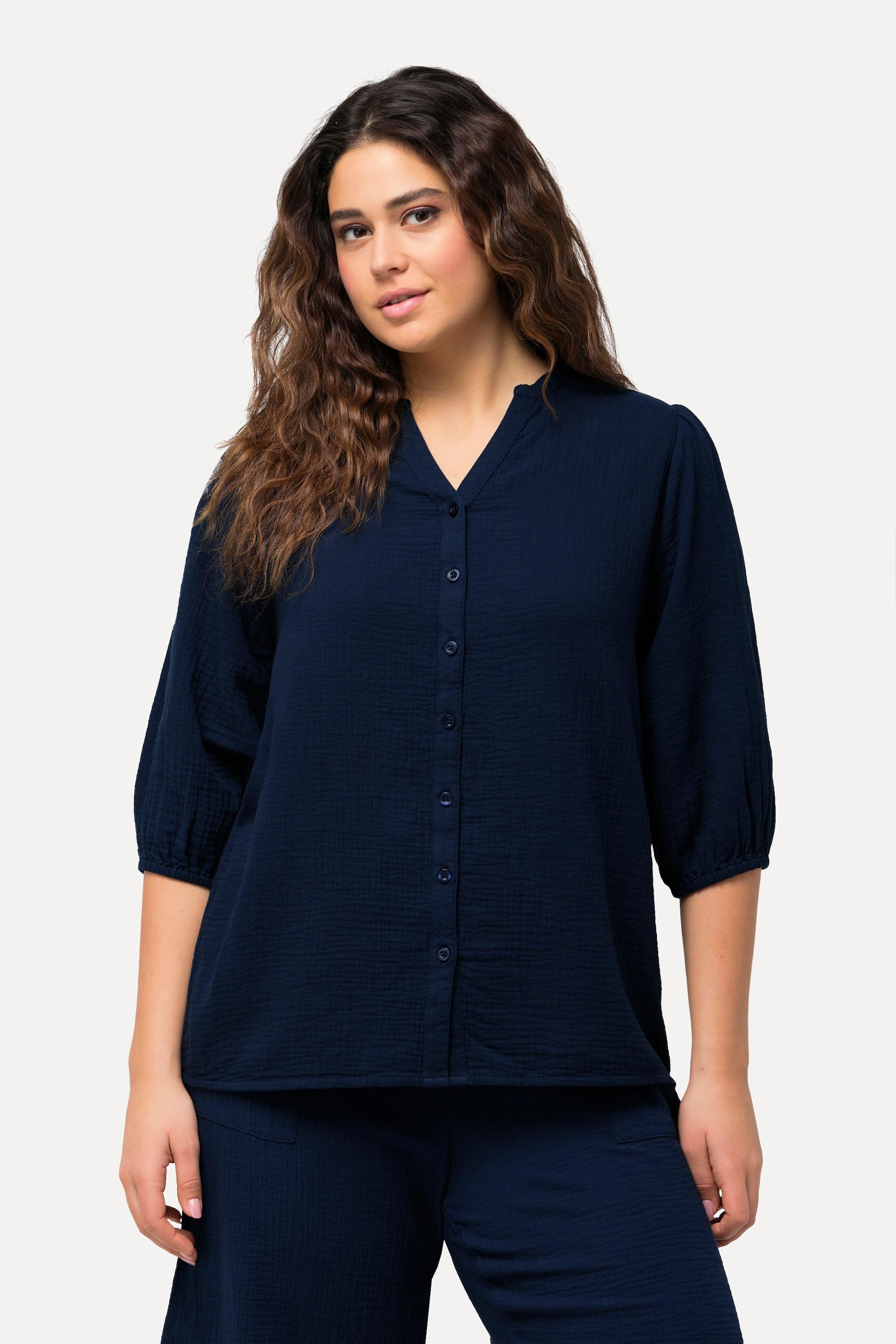 Ulla Popken  Musselin-Bluse, Oversized, Tunika-Ausschnitt, 3/4-Arm 