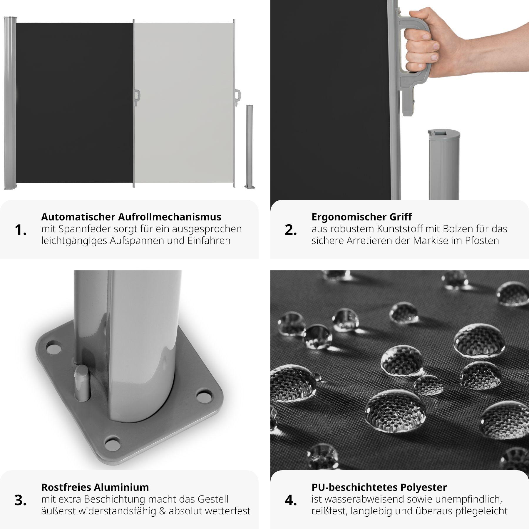 Tectake Aluminium Seitenmarkise ausziehbar mit Aufrollmechanismus  