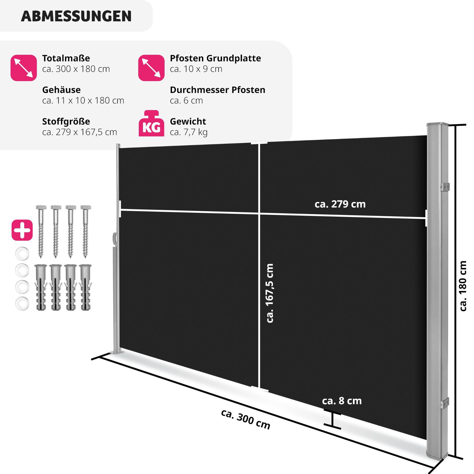 Tectake Aluminium Seitenmarkise ausziehbar mit Aufrollmechanismus  