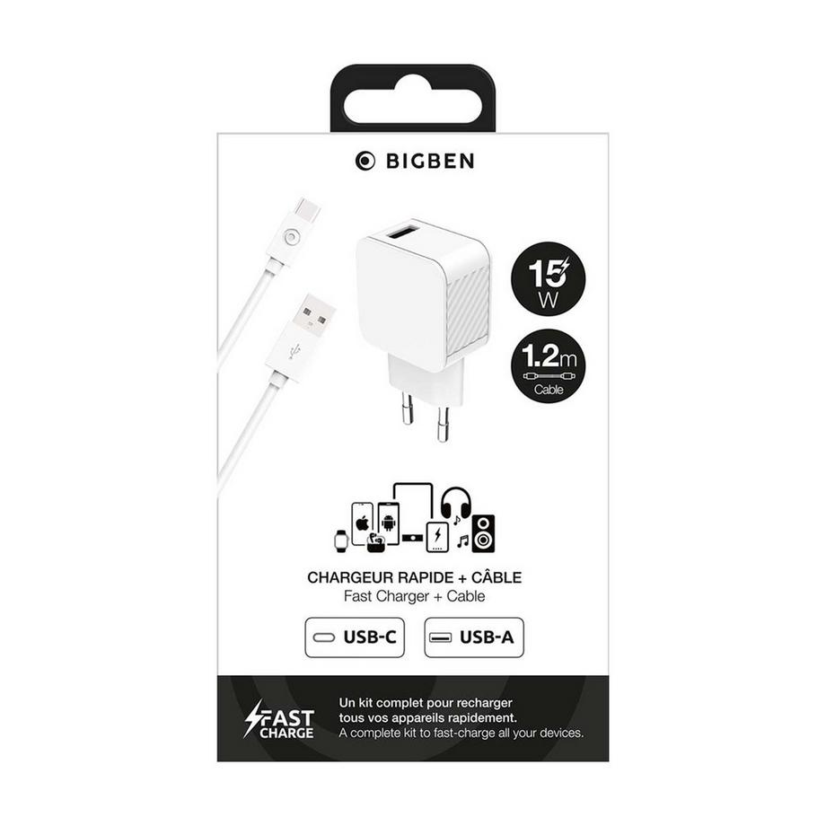 BigBen Connected  Netzteil USB-A 3A FastCharge + USB-A / USB-C Kabel 