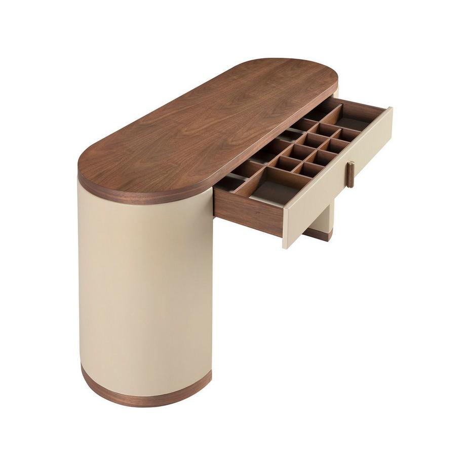 ANGEL CERDA Schminktisch aus Kunstleder, Nussbaum und Holz mit visonfarbenem Kunstleder bezogen  