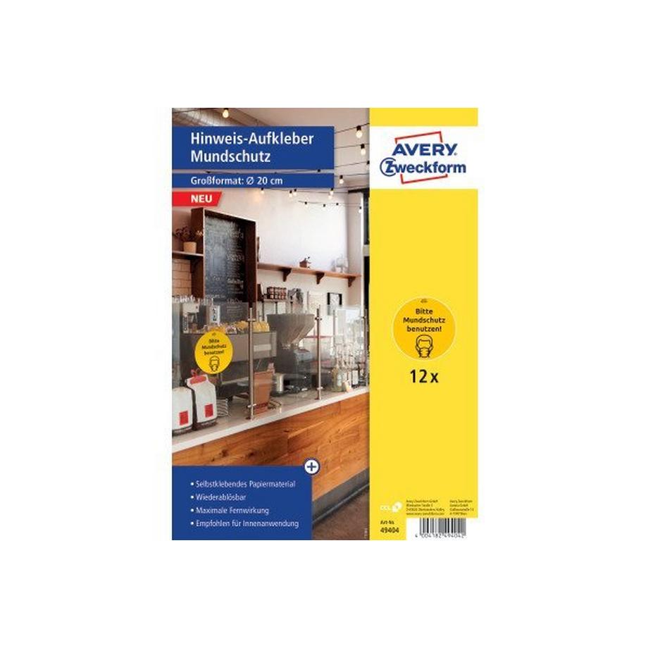 Avery-Zweckform  AVERY ZWECKFORM Hinweis-Aufkleber DE 20cm 49404Z Mundschutz 12 Stück 