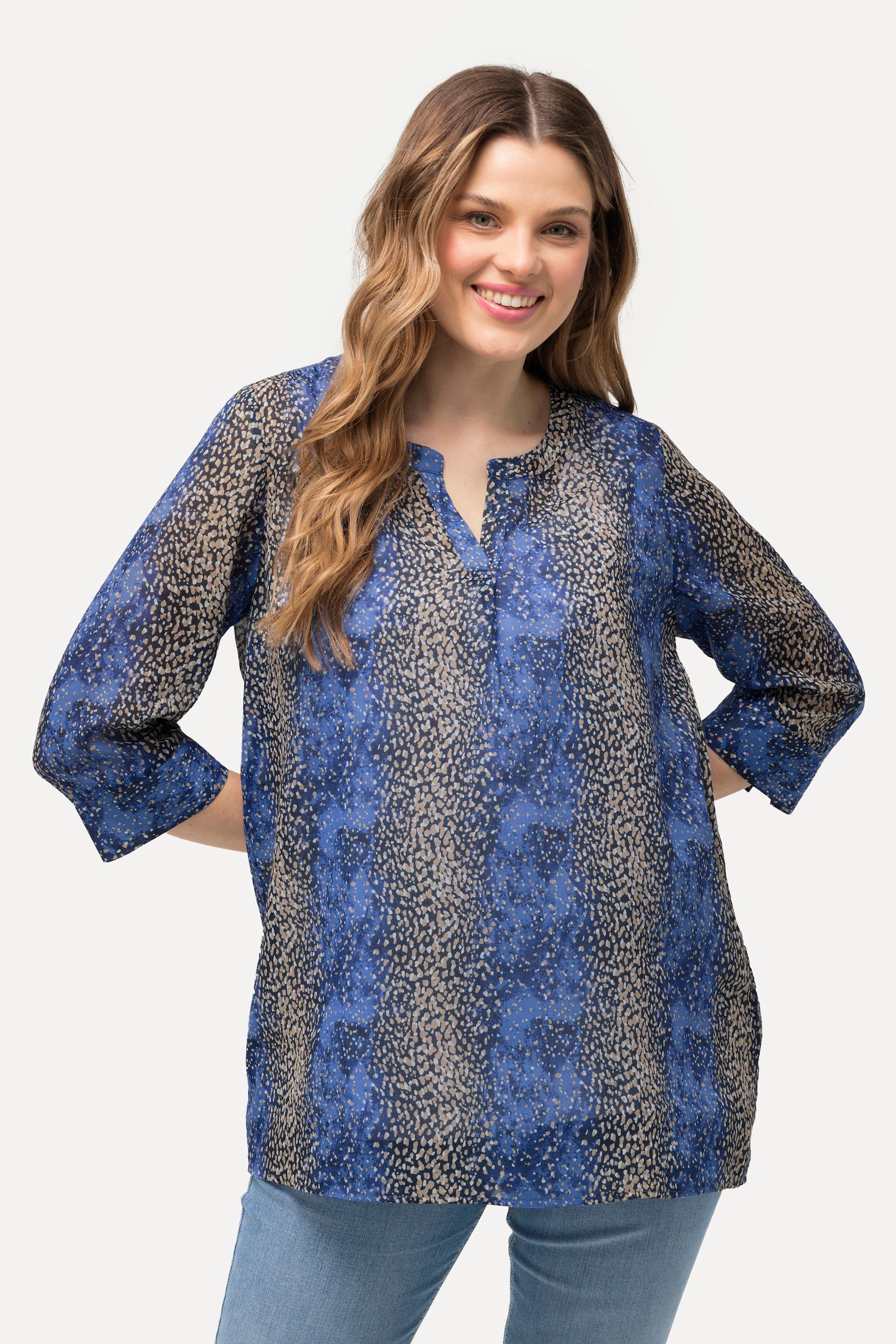 Ulla Popken  Blouse à col tunisien et manches 3/4, ligne A et motif à rayures et pois 