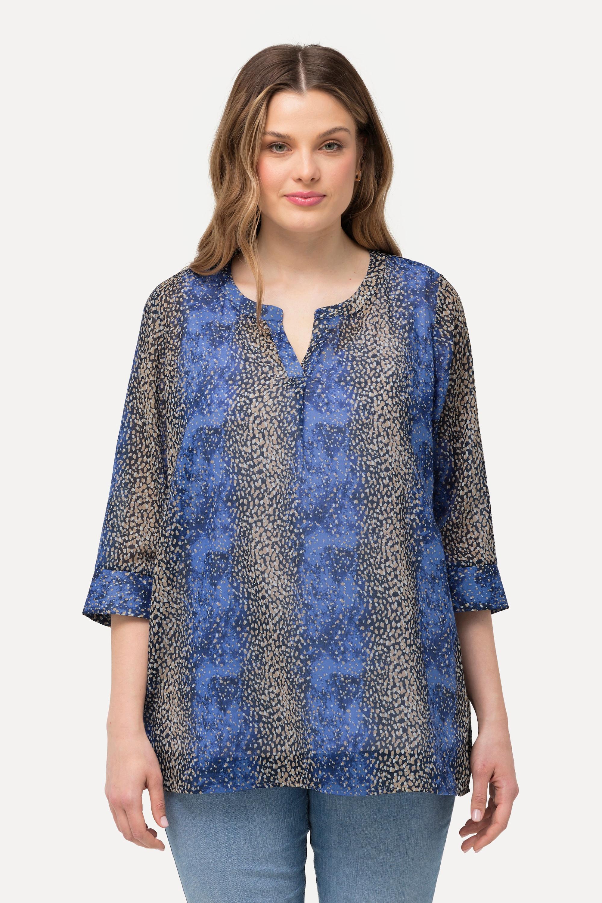 Ulla Popken  Blouse à col tunisien et manches 3/4, ligne A et motif à rayures et pois 