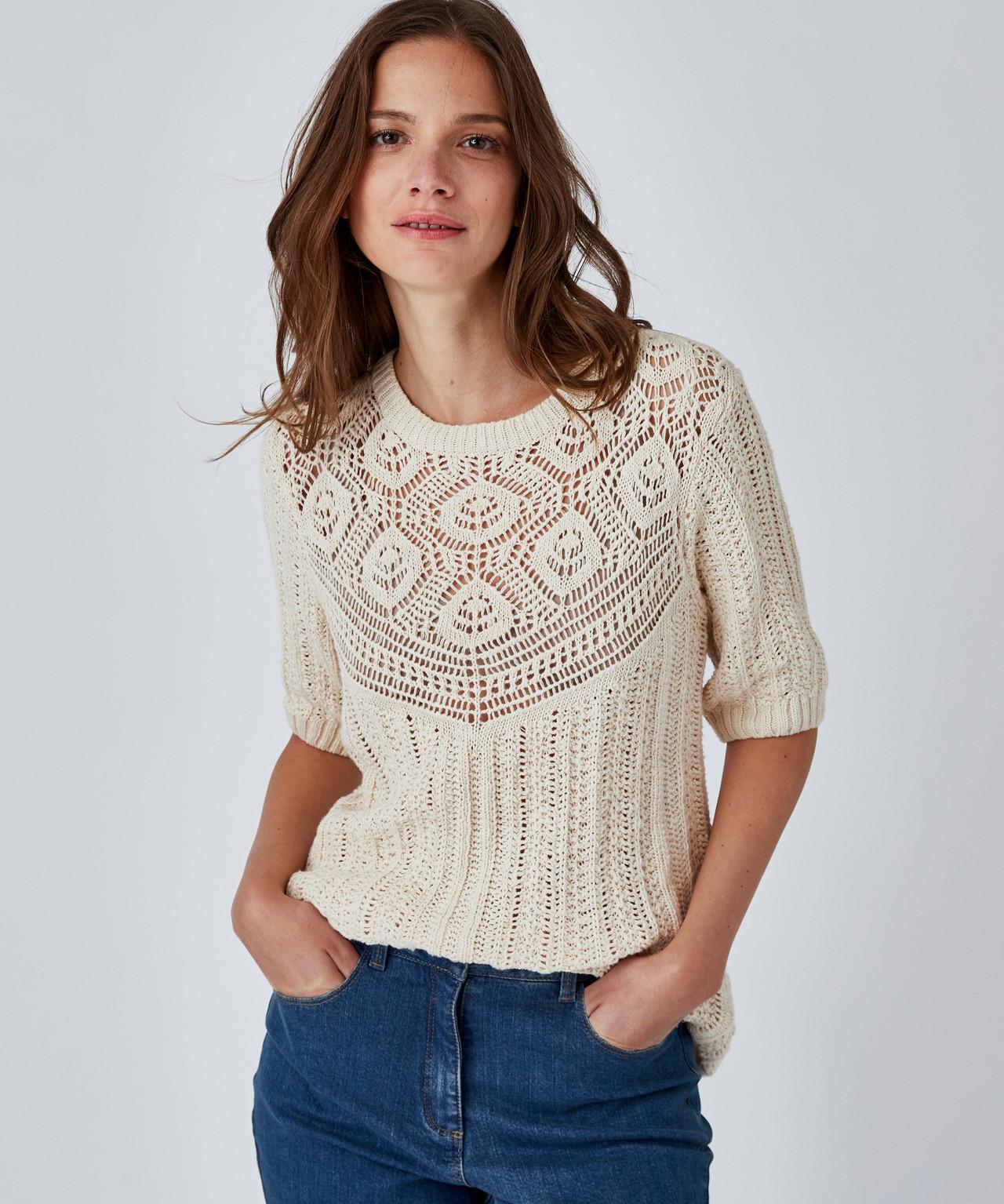 Image of Pullover Bändchengarn In Häkeloptik, Hübscher, Femininer Brusteinsatz, Rundhalsausschnitt. Damen Braun 34/36