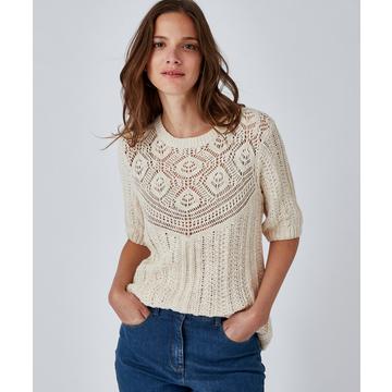 Pull effet crochet fil ruban effet crochet, plastron fantaisie féminin, col rond.