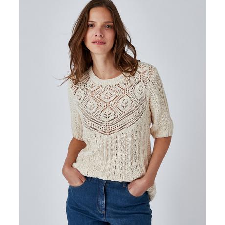 Damart  Pull effet crochet fil ruban effet crochet, plastron fantaisie féminin, col rond. 