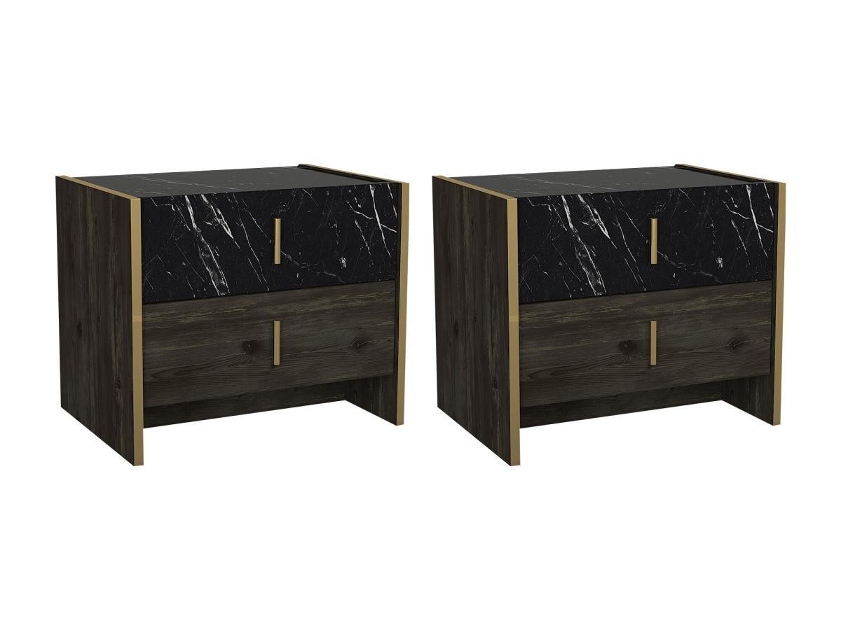 Image of 2er-set Nachttische Mit 2 Schubladen - Marmor-optik - Schwarz, Holzfarben & Goldfarben - Cadeba Unisex Schwarz ONE SIZE