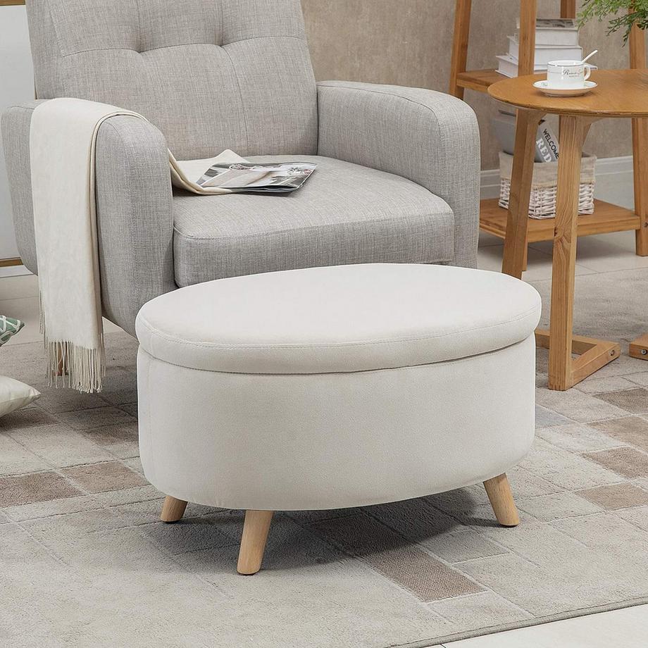 Northio Banc avec espace de rangement, banc ovale rembourré avec couvercle, banc de lit aspect velours, pour couloir, chambre, salon, pieds en bois 71 x 51,5 x 42 cm beige  