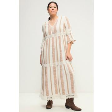 Maxi abito con righe color oro, pizzo, scollo a V e maniche a 3/4