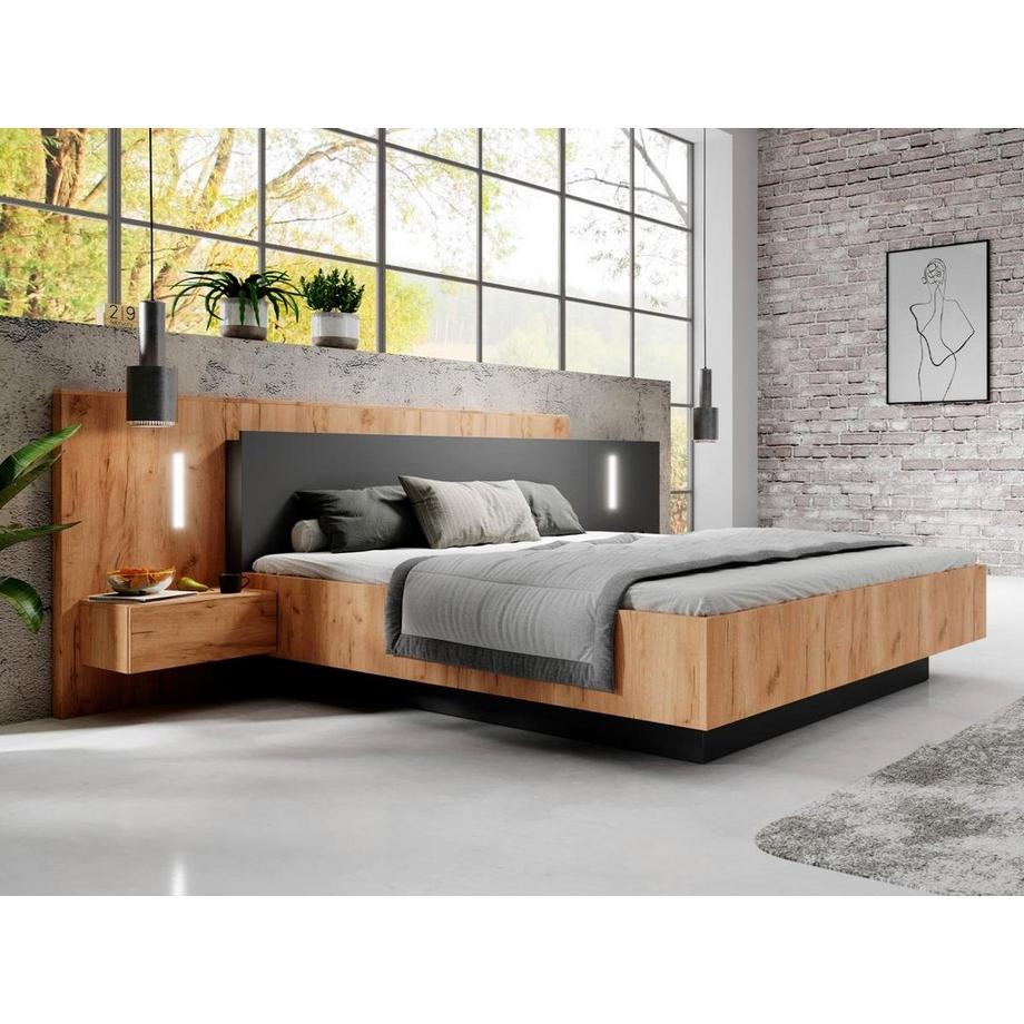 Vente-unique Letto con vano e comodini + Materasso - 2 cassetti - con LED - 160 x 200 cm - Naturale e Antracite - FRANCOLI  