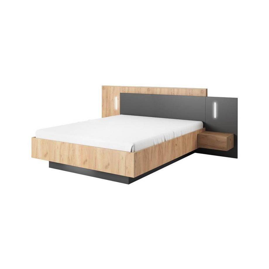 Vente-unique Letto con vano e comodini + Materasso - 2 cassetti - con LED - 160 x 200 cm - Naturale e Antracite - FRANCOLI  