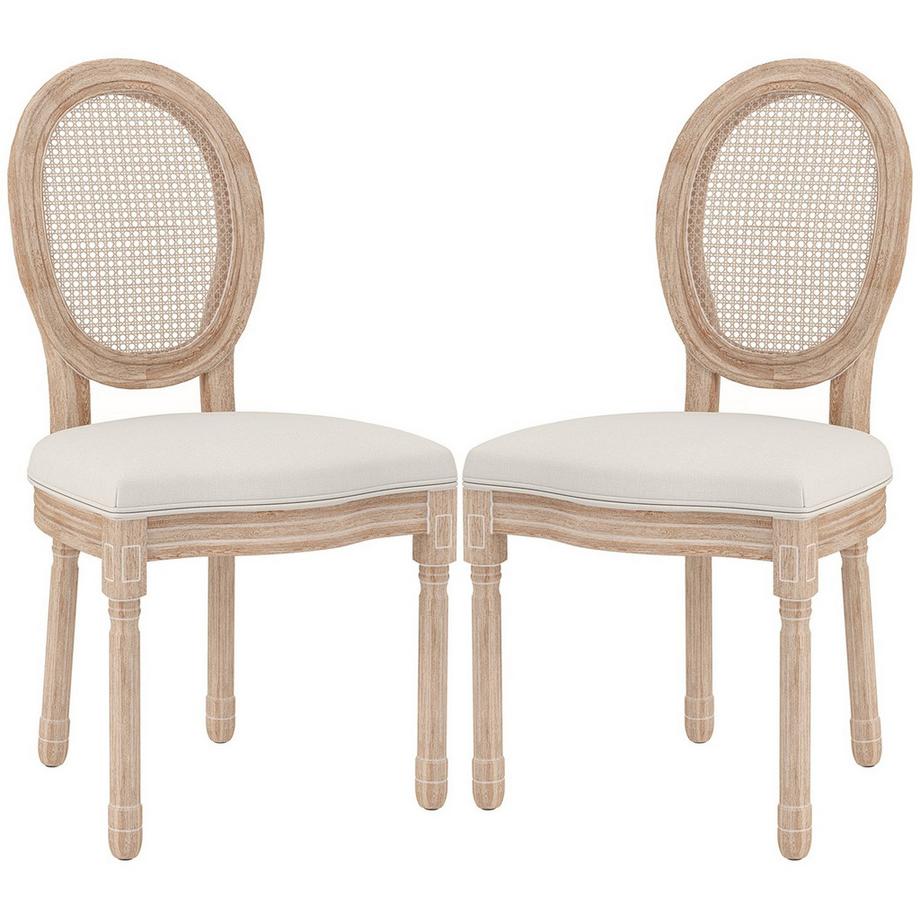 Esszimmerstühle 2Er-Set Küchenstuhl Mit Rückenlehne, Leinen- & Rattanoptik, Holzbeine, Cremeweiß