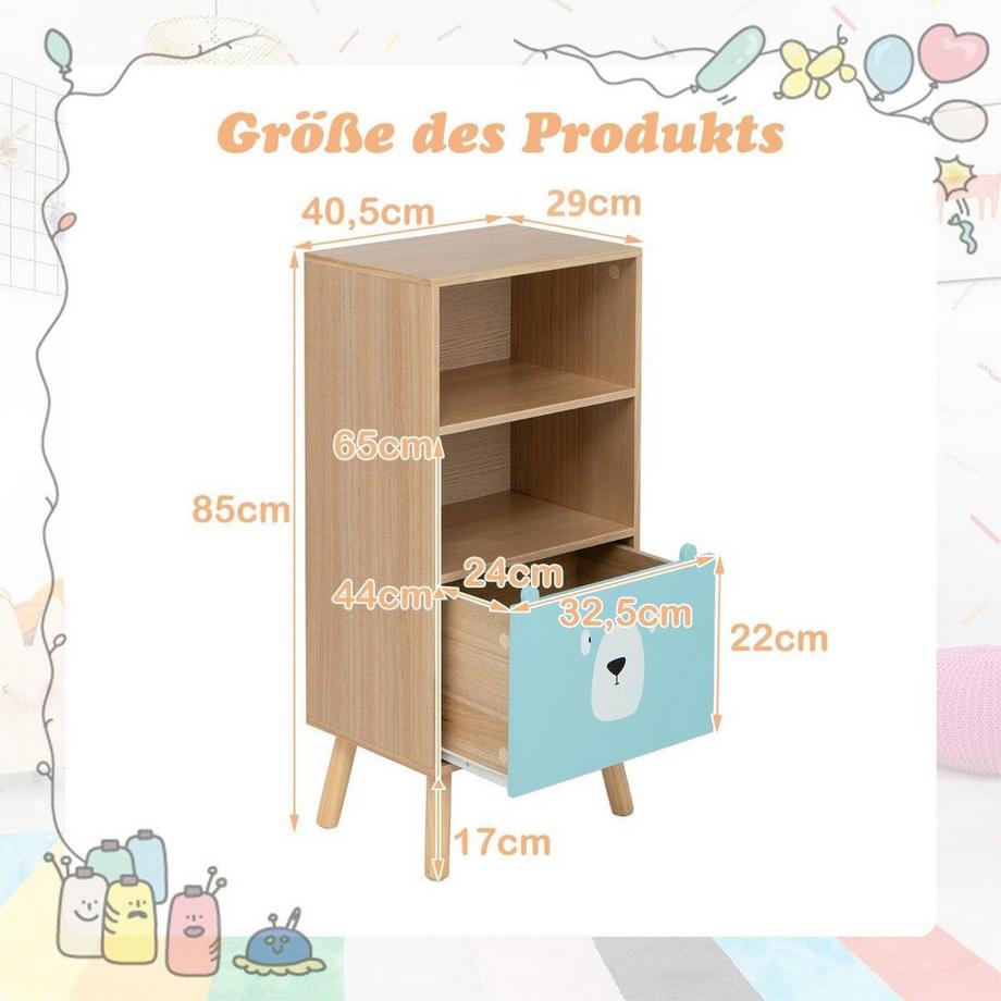 Kinder Bücherregal mit 3 Ebenen & Schublade & 2 Offenen Fächer Spielzeugregal Kinderregal Blau