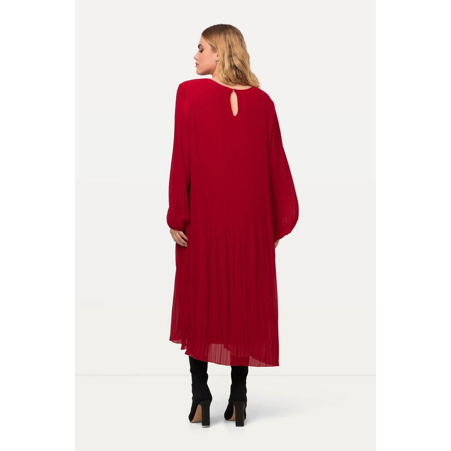 Ulla Popken Robe Midi Plissée Coupe A Col Rond Manches Longues  