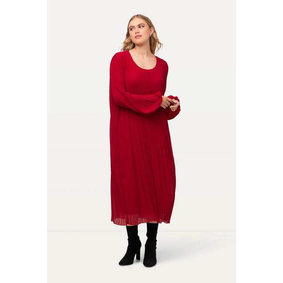 Ulla Popken Robe Midi Plissée Coupe A Col Rond Manches Longues  