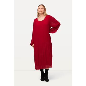 Robe midi plissée, silhouette en A, col rond et manches longues