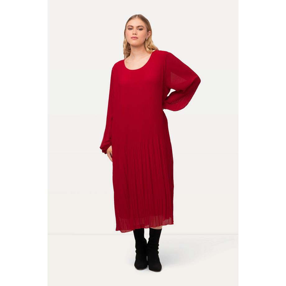 Ulla Popken Robe Midi Plissée Coupe A Col Rond Manches Longues  