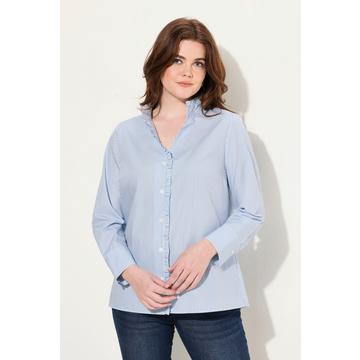 Blusa a righe con ruche, collo alla coreana, scollo a V e maniche lunghe