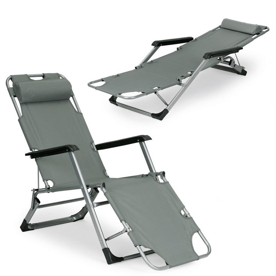 Chaise longue de jardin et de plage, pliable 2 en 1, grise, MultiGarden