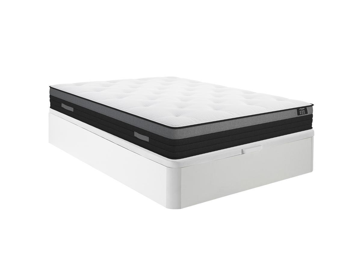 Image of Set aus Bettgestell mit Bettkasten + Taschenfederkernmatratze mit atmungsaktivem Streifen - 160 x 200 cm - Stärke 23 cm - Weiß - AIRPLAY von YSMÉE Set aus Bettgestell mit Bettkasten + Taschenfederkernmatratze mit atmungsaktivem Streifen - 160 x 200 cm - S