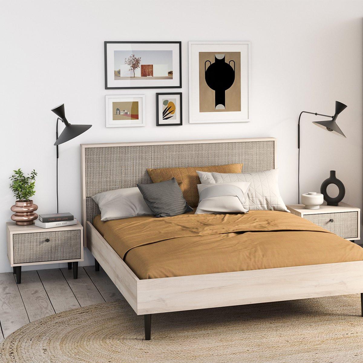 Calicosy Chevet 1 Tiroir décor Chêne - Impression Rotin et Noir Mat L44,6 cm - Saïgon  