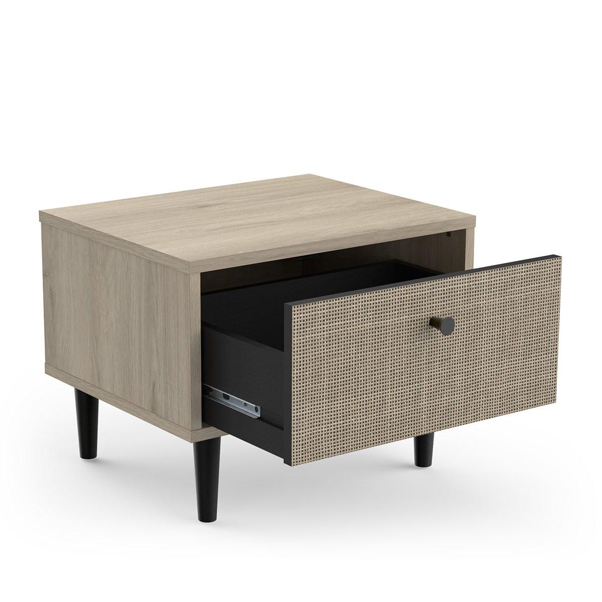 Calicosy Chevet 1 Tiroir décor Chêne - Impression Rotin et Noir Mat L44,6 cm - Saïgon  