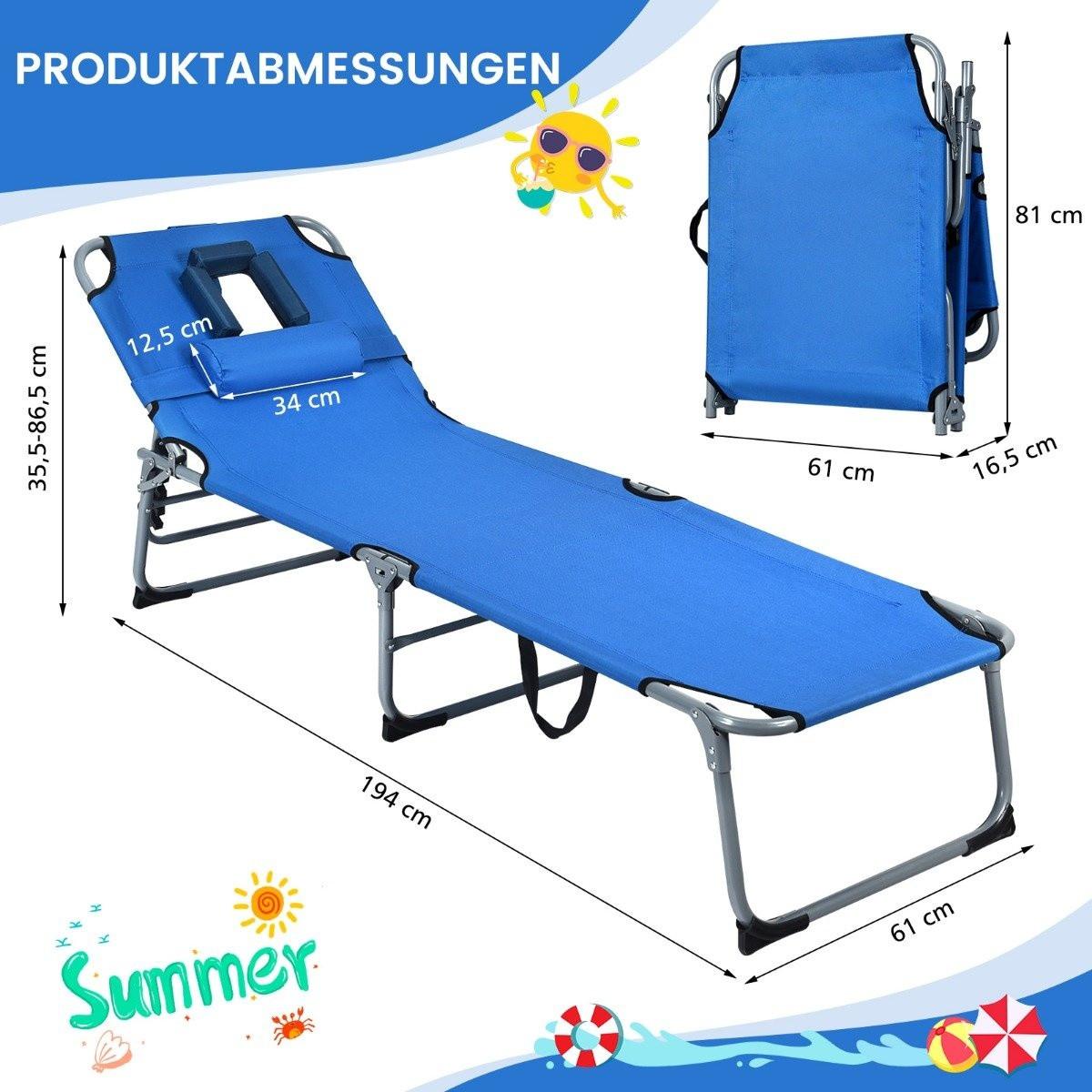Northix Chaise longue de plage pliante 194 x 60 x 36-86 cm bleu  