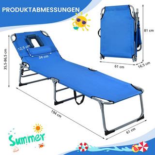 Northix Chaise longue de plage pliante 194 x 60 x 36-86 cm bleu  