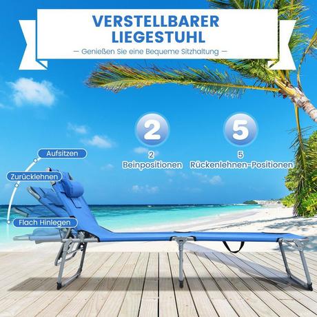Northix Chaise longue de plage pliante 194 x 60 x 36-86 cm bleu  