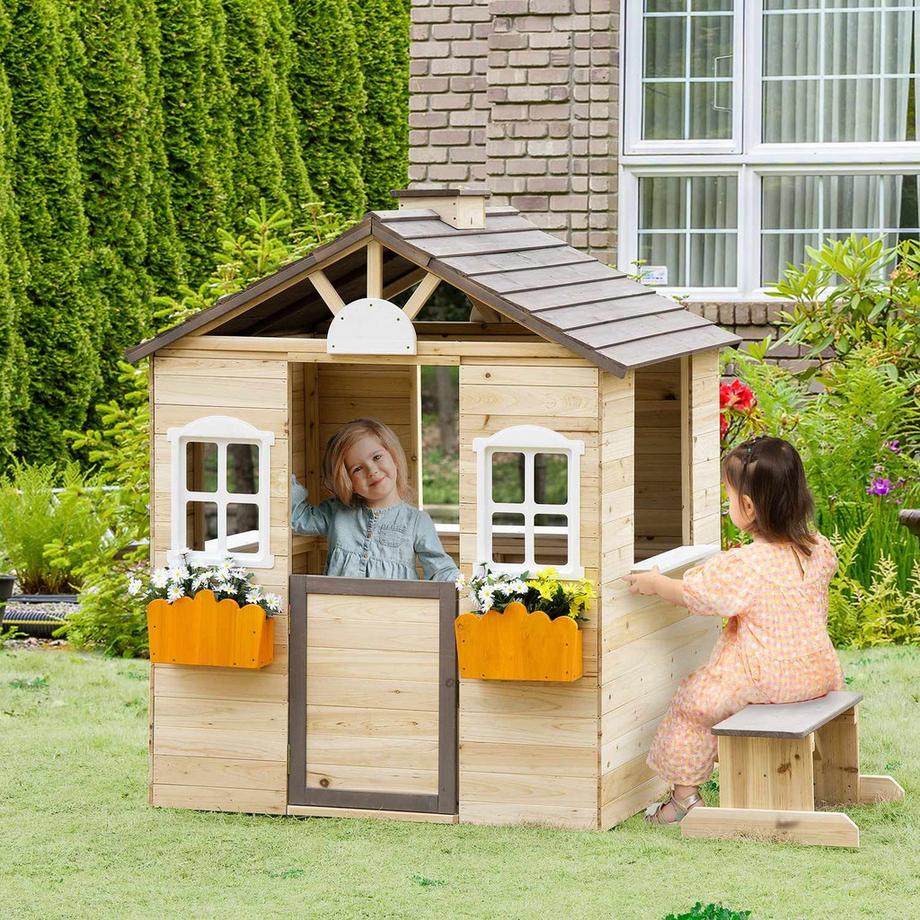 Northio  Spielhaus Für Kinder Holz Kinderspielhaus Mit Fenster Briefkasten Outdoor Gartenspielhaus Mit Blumentopfrack Holzspielhaus Für 3-7 Jahre 
