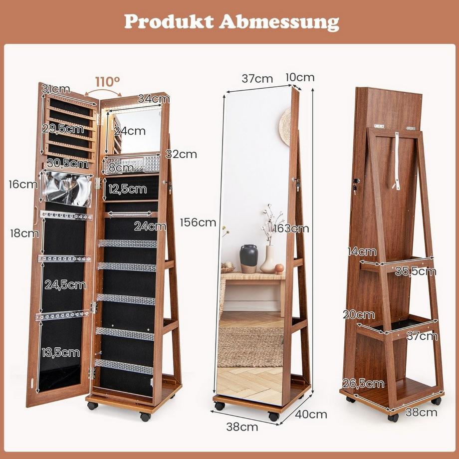 Northio Abschließbarer Schmuckschrank mit integriertem Schminkspiegel verstellbaren Ablagen & Stauraum Braun  