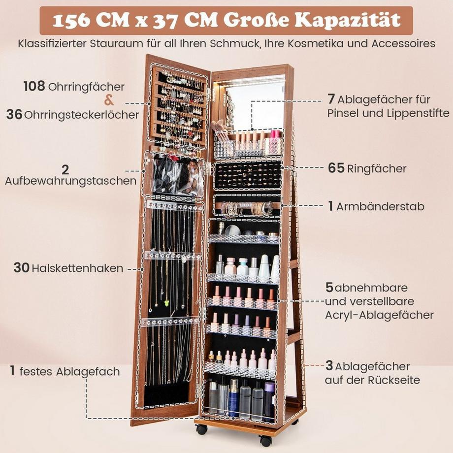 Northio Abschließbarer Schmuckschrank mit integriertem Schminkspiegel verstellbaren Ablagen & Stauraum Braun  