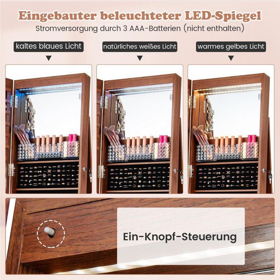 Northio Abschließbarer Schmuckschrank mit integriertem Schminkspiegel verstellbaren Ablagen & Stauraum Braun  