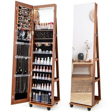 Armoire à bijoux verrouillable avec miroir de maquillage intégré, étagères réglables et espace de rangement marron