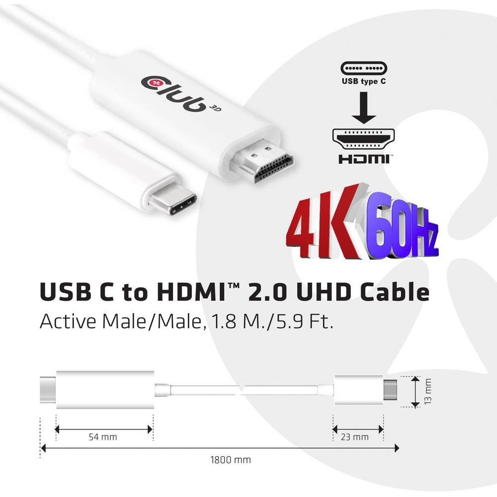 Club3D  USB-C® / HDMI Adapterkabel USB-C® Stecker, HDMI-A Stecker 1.80 m Weiß  USB-C®-Displaykabel 