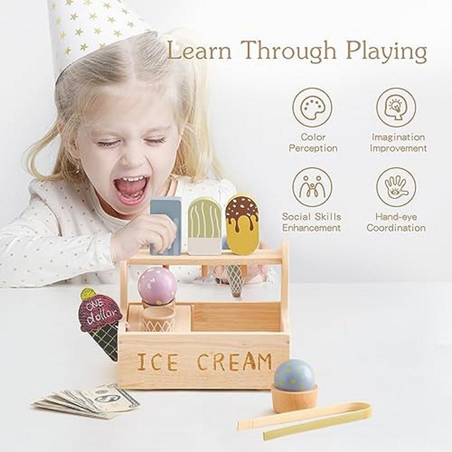Activity-board  Eiscreme Holzspielzeug Eiscreme-Set Eiscreme-Stand Eiscreme-Wagen mit beweglichen Rädern Eiscreme-Laden Rollenspiel 