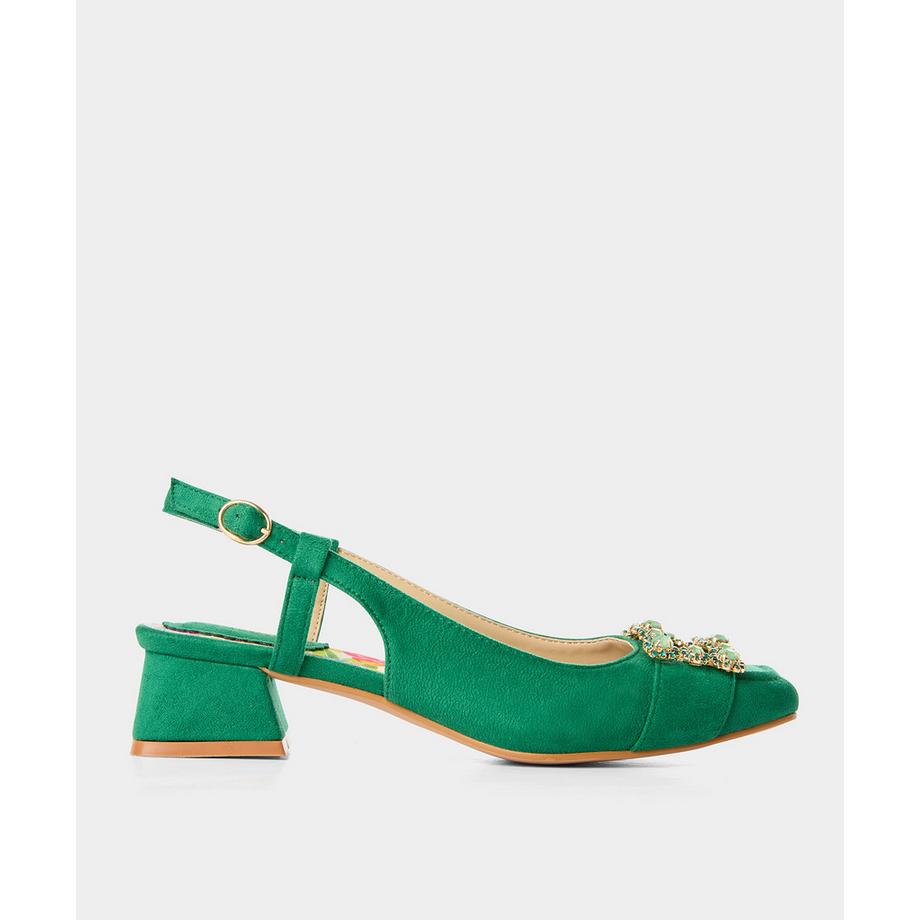 Slingback-Schuhe mit eckiger Kappe und Schmuckbrosche