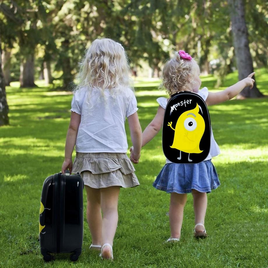 Northix  2 tlg Kindergepäck Monstersbild Reisekoffer Kinderkoffer + Rucksack Schwarz 